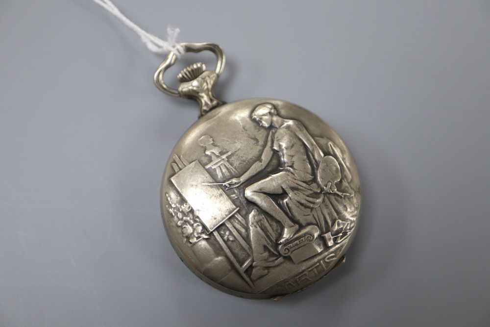 A mid 20th century base metal Hebdomas 8 Day pocket watch, the case back embossed with artist at work.